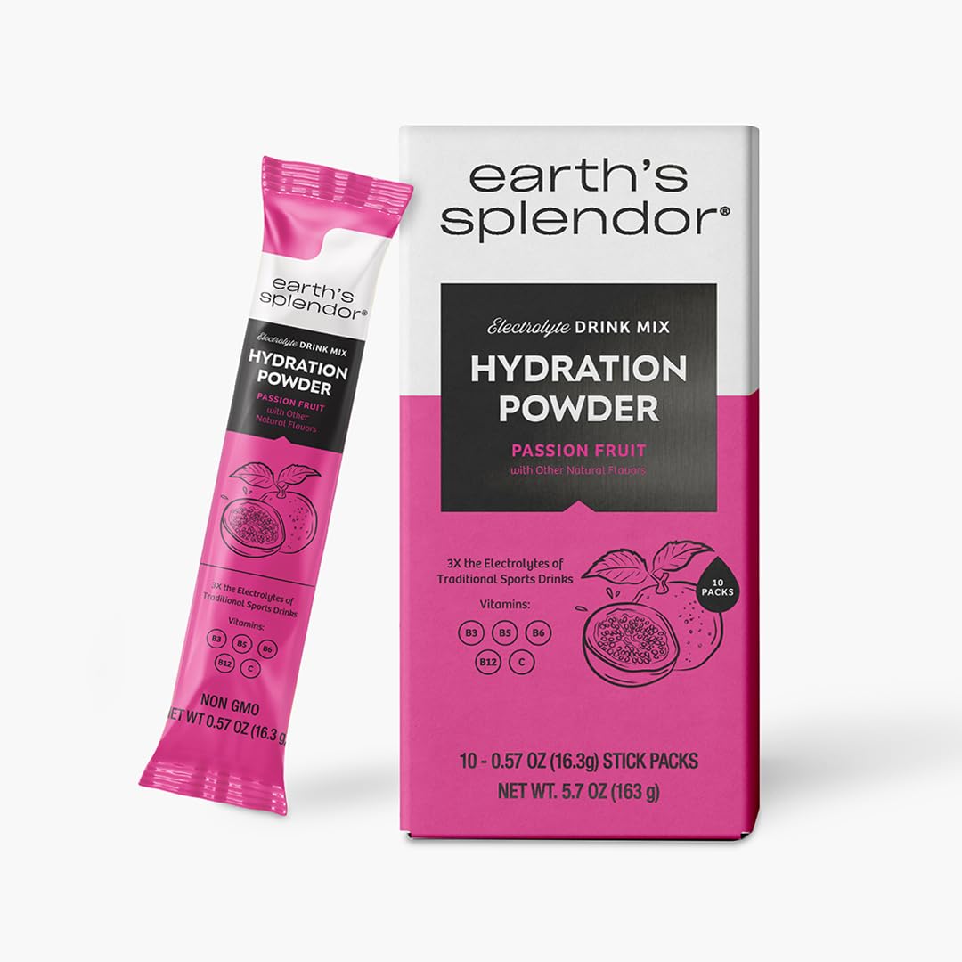 Earth’s Splendor Electrolytes Powder Packets Passion Fruit Hydration Drink Mix Sticks with Essential Vitamins for Energy & Sports Performance