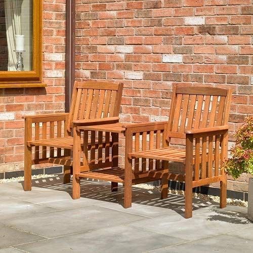 Garden Mile Jack and Jill Bench with Central Table - 2 Seater Wooden Garden Furniture, Solid Acacia Hardwood, Weather Resistant Outdoor Seating, Durable Patio Wooden Bench for Outdoors & Deck