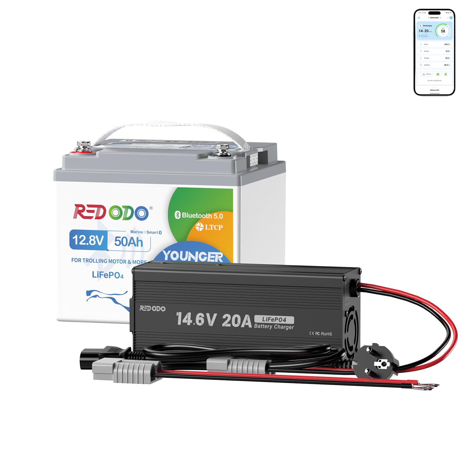 Redodo LiFePO4 bateria litowa Bluetooth 12 V 50 Ah z ładowarką 14,6 V 20 A do silników trollingowych, ochrona przed niską temperaturą, 10-letnia żywotność, lekka i przenośna. Idealna do samochodów