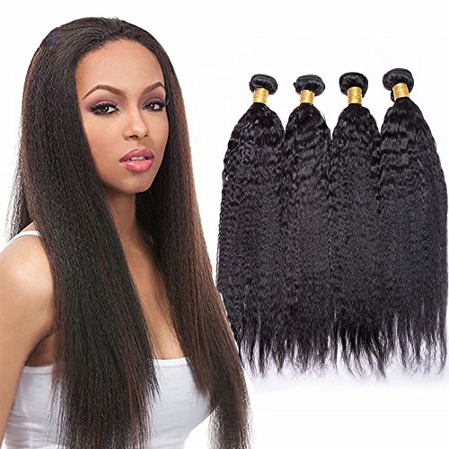 Maxine 9A Kinky Straight Hair 3 Bundles Yaki Human Hair Weave Unprocessed Brazilian Virgin Remy Hair Extensions,Natural Black Color(14 16 18 inch)