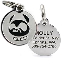 Vista 1 de Placas personalizables para mascotas, de acero inoxidable, para perros y gatos. Grabado personalizable con cuatro líneas de texto, elegante