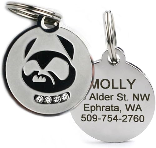 Placas personalizables para mascotas, de acero inoxidable, para perros y gatos. Grabado personalizable con cuatro líneas de texto, elegante y