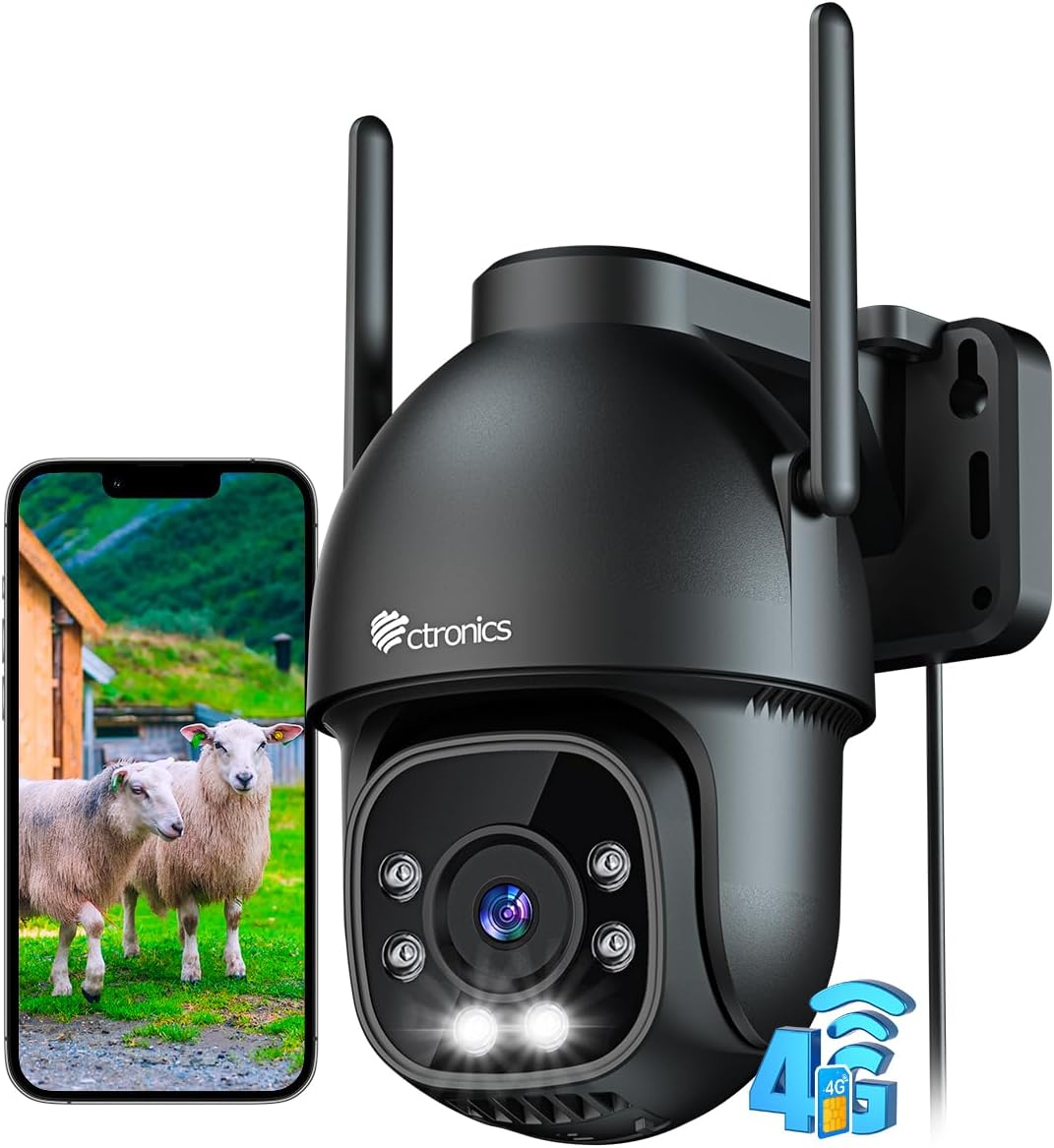 Ctronics 3G/4G LTE Cellular Security Camera Outdoor, No WiFi Surveillance Camera with Sim Card, PTZ IP CCTV Camera with Smart Detection, Auto Tracking, Color Night Vision, Two-way Audio, IP66, Black