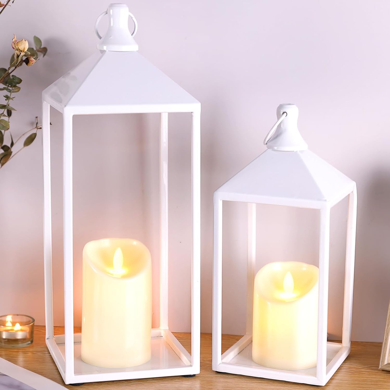 2pcs Wedding Lanterns Decorative with LED Flameless Candle - White Vintage Farmhouse Metal Decorative Candle Lanterns for Wedding, Fireplace, Table Centerpiece, Indoor, Room, Valentine Decor