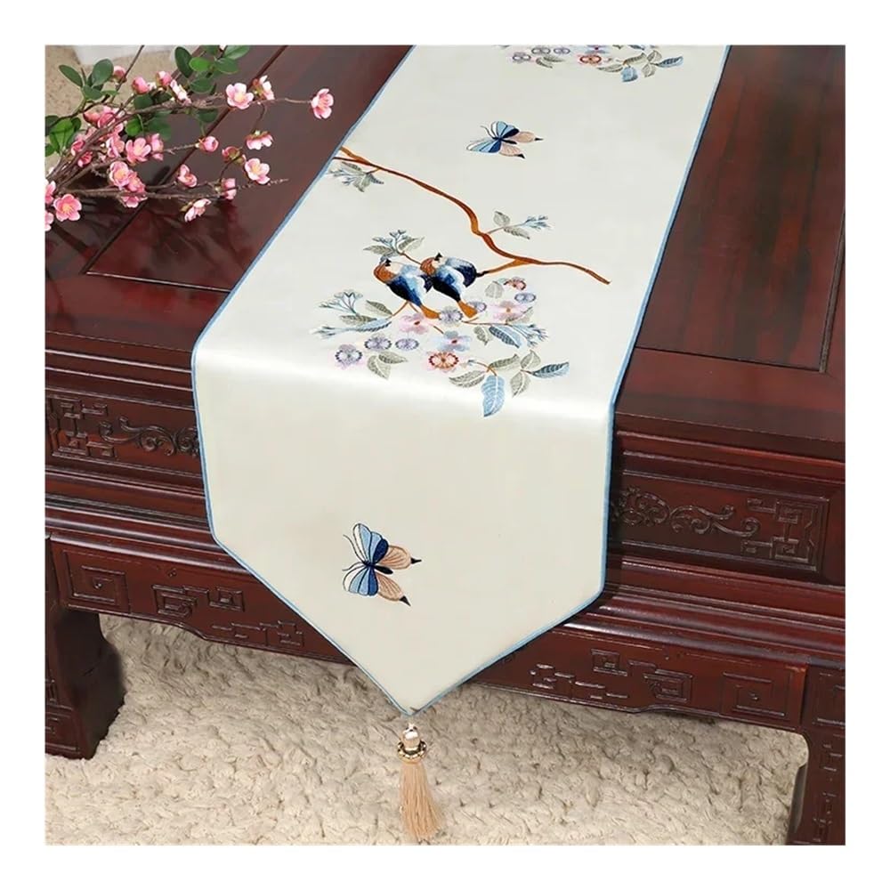 Drapeau chinois blanc pour lit d'hôtel - Motif fleurs et oiseaux - Décoration de mariage (style 14,33 x 200 cm)