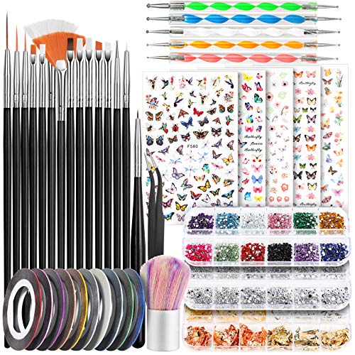 Nail Art Brushes, Nail Dotting Tools, Teenitor Nail Art Design Kit with Butterfly Nail Brush, Nail Art Stickers, Nail Foil, Nail Art Striping Tape, Nail Art Rhinestones
