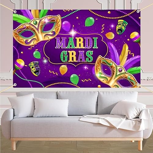 Miniatura 9 de AIBIIN Telón de fondo de Mardi Gras de 7 x 5 pies para fiesta de cumpleaños fotografía morada y dorada pancarta de feliz cumpleaños suministros de