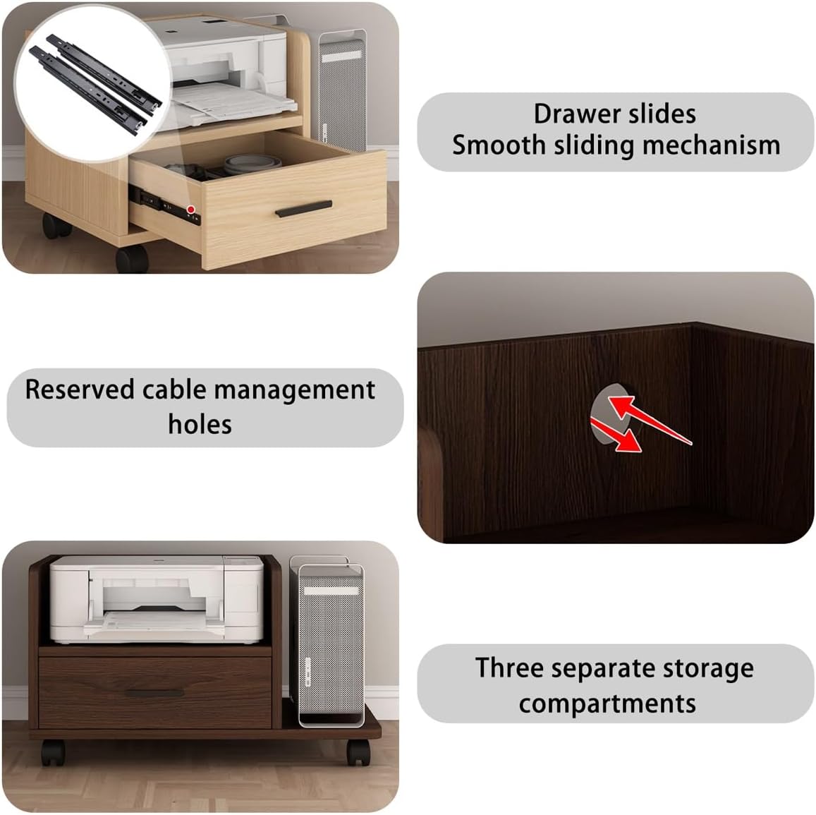 Under Desk Printer Stand with Storage Drawer and Shelves, Rolling Printer Organizer, 3 Compartments, Thickened Panel Cart, for Home Office(Brown,26.8 * 15.7in)