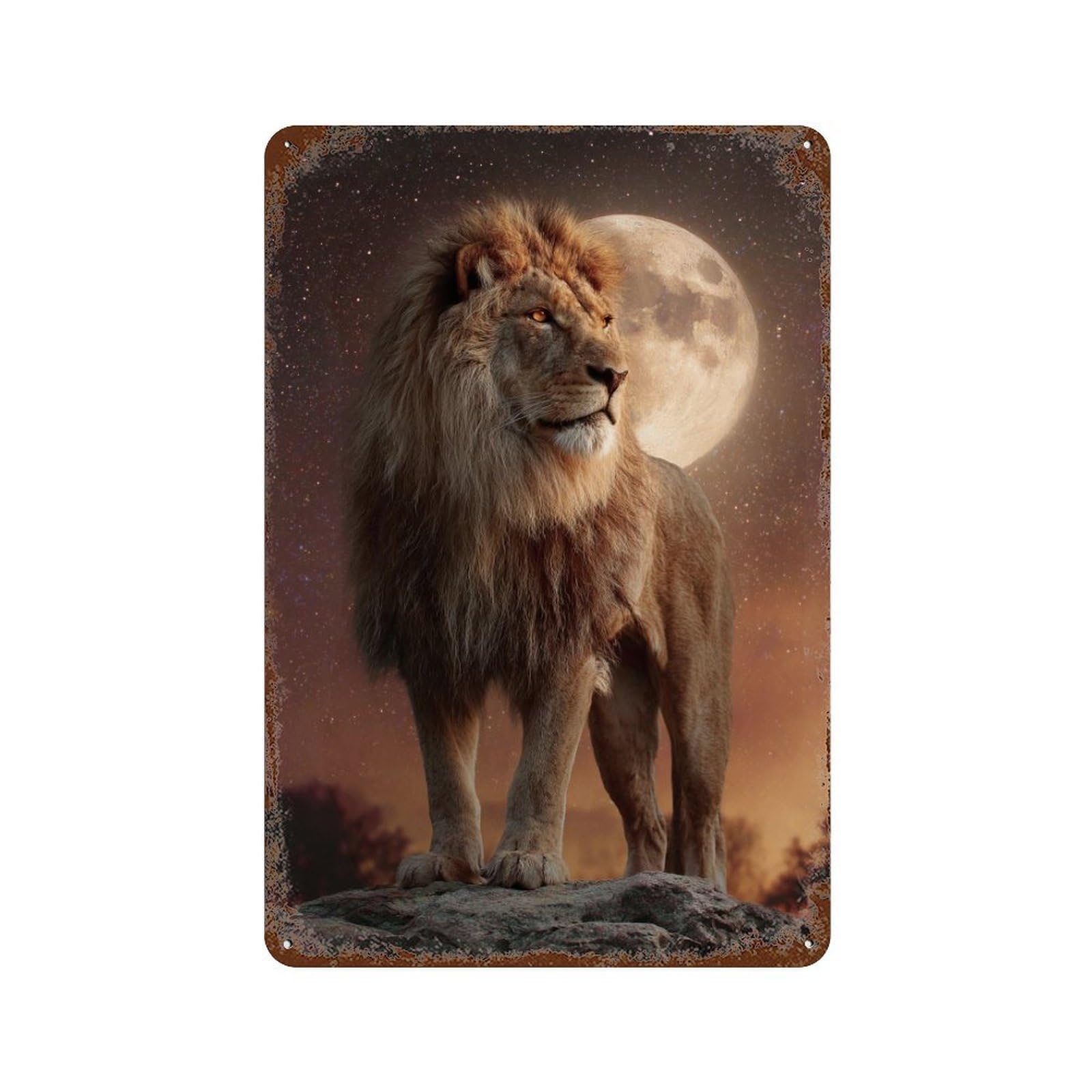 Lion Moon Night Sky Vintage Rust Metal Sign 11.8"x7.9", Retro Wall Decor for Garage, Pub Or Kitchen