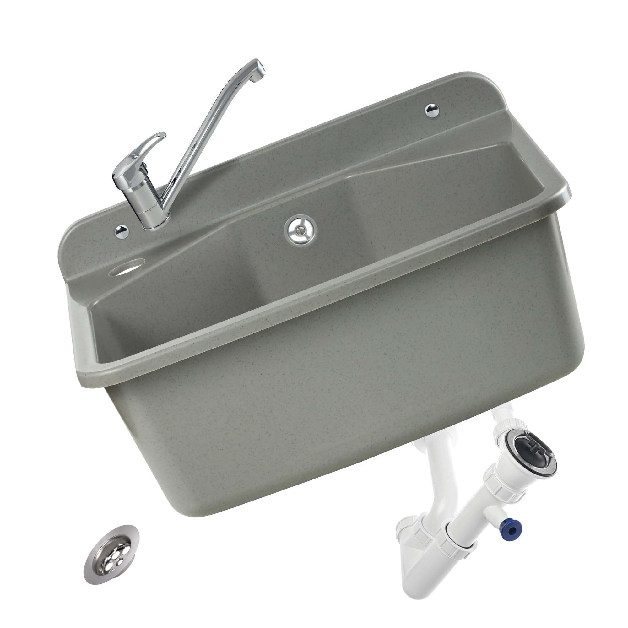 KADAX gospo Évier avec robinet, siphon, 46 x 37 x 20 cm, lavabo en plastique, bac de lavage pour jardin, garage, cave, atelier, montage mural, évier avec accessoires (gris)