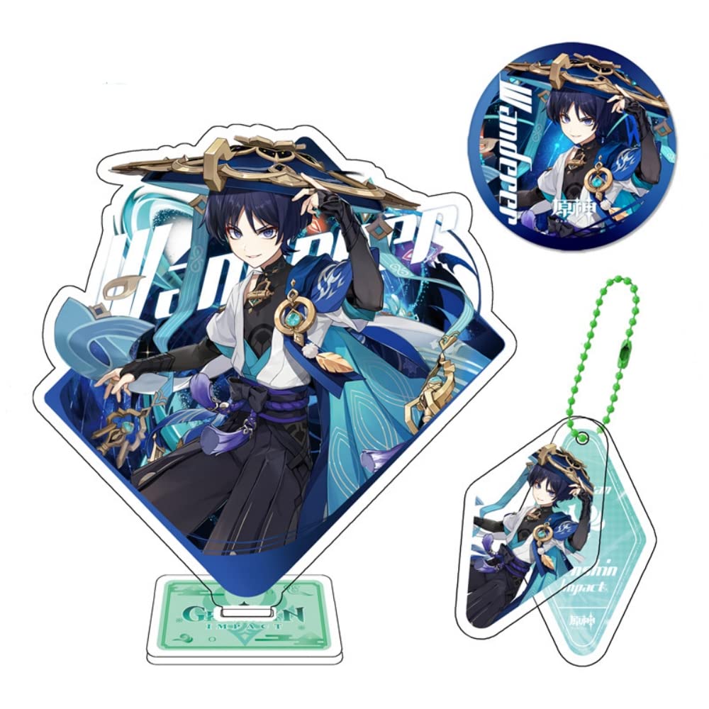 Hanaiette 3pcs Genshin Impact theme gift box set stand-up brand keychain badge boxed high-transparency acrylic (Wanerer)