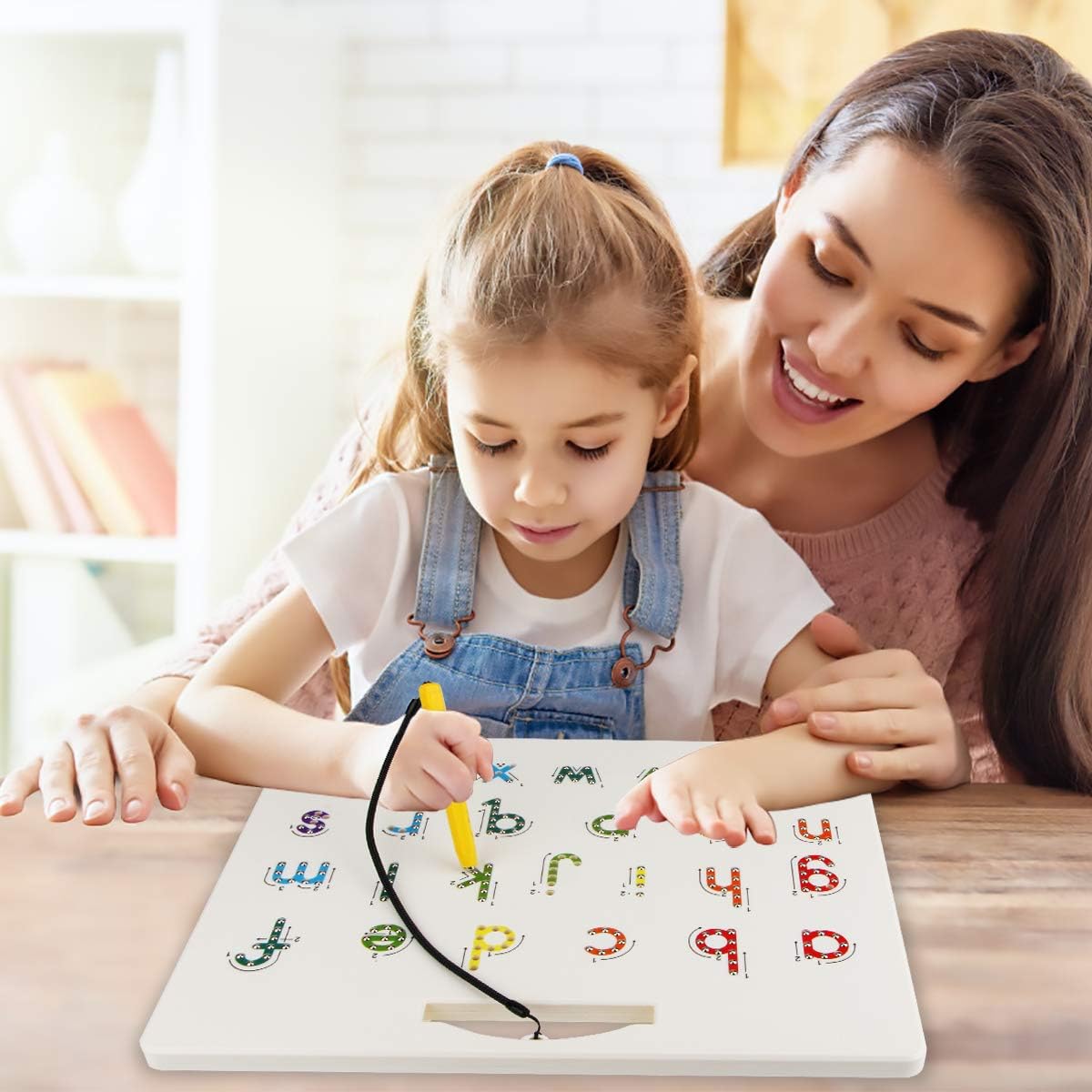 Apfity Magnetic Alphabet Tracing Board, Double Sided Magnetic Tablet Drawing Board, ABC Letters Lowcase and Number Writing Board for Kids