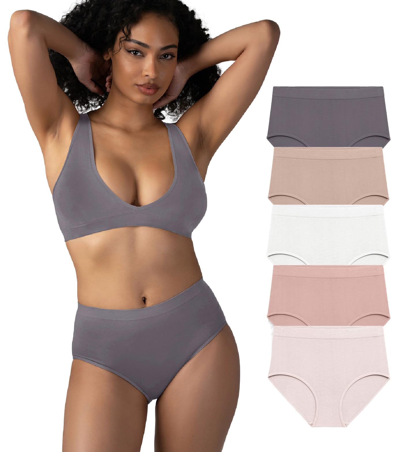 Attributes Womens Seamless Briefs, Ropa Sin Costuras Para Mujeres, 5 Pack, Breathable, Moisture Wicking, Grey/Rose/White/Pink/Sepia, L