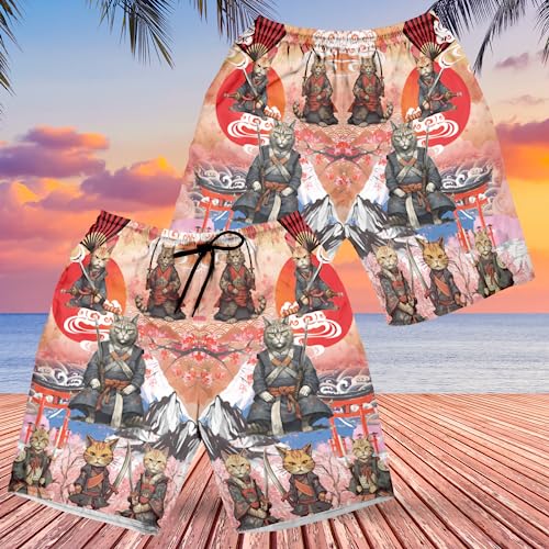 Japanese Samurai Men's Swim Trunks - Japanese Warrior Hawaiian Shorts for Men, Men's Summer Bathing Shorts Set 222