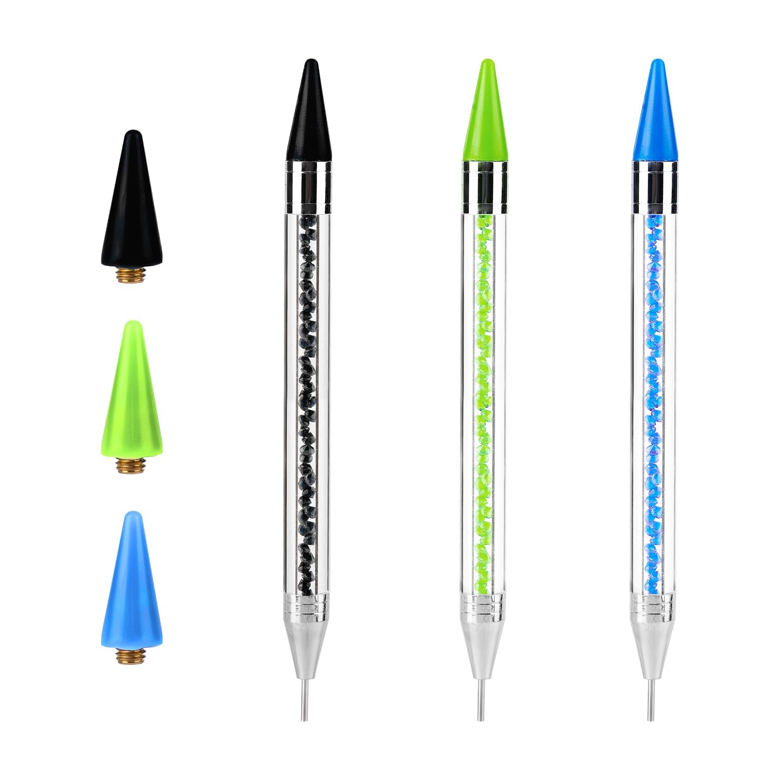 NQEUEPN 3pcs Wax Pens with 3pcs Wax Replacement Heads, Dual-Ended Point Drill Pen for Nails Diamond Drill Pens for DIY Nail Design Quickly Pick up Beads (3 Colors)