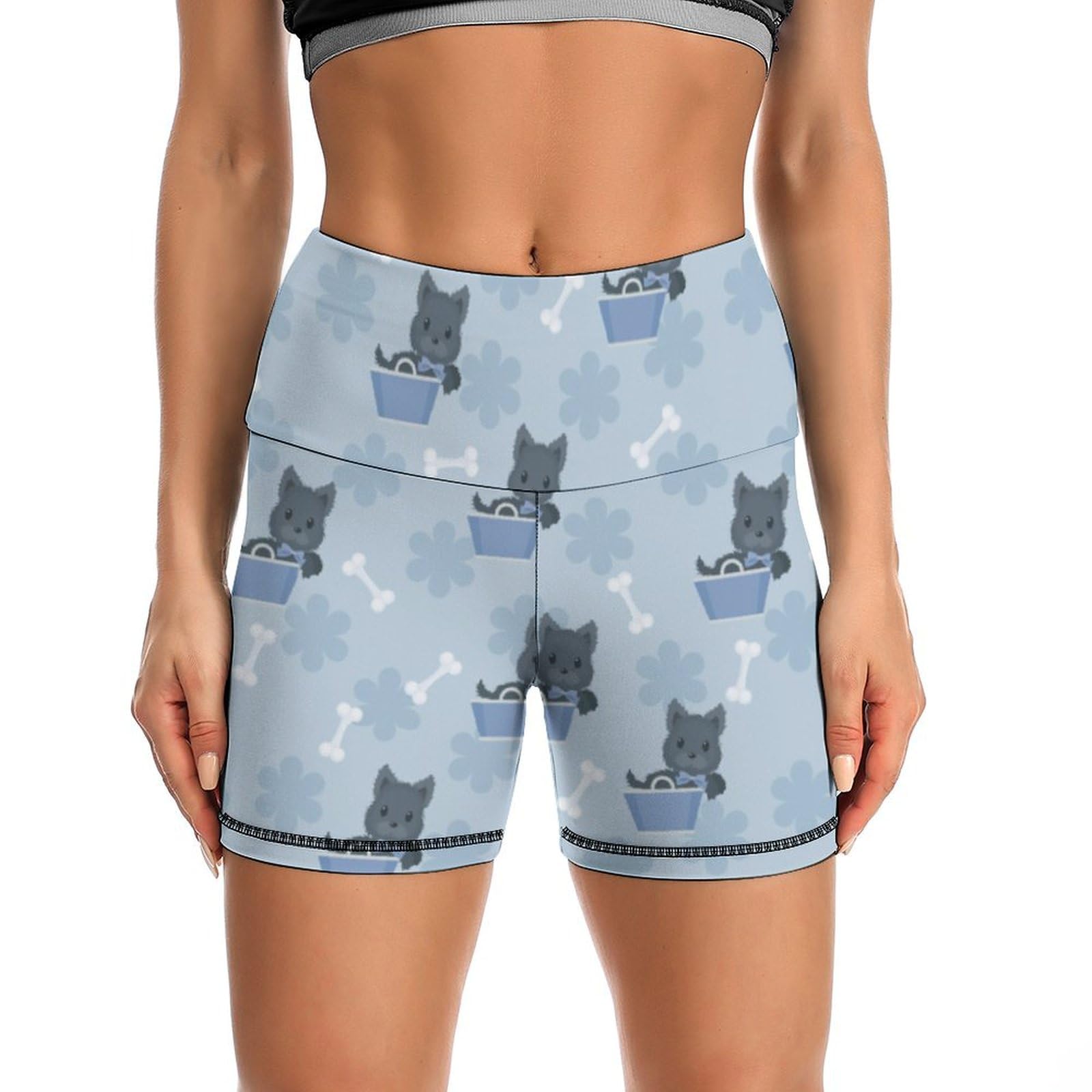 Cute Animal of Scottie Dog Pattern High Waist Yoga Shorts for Women Athletic Shorts Leggings Running Pants Black