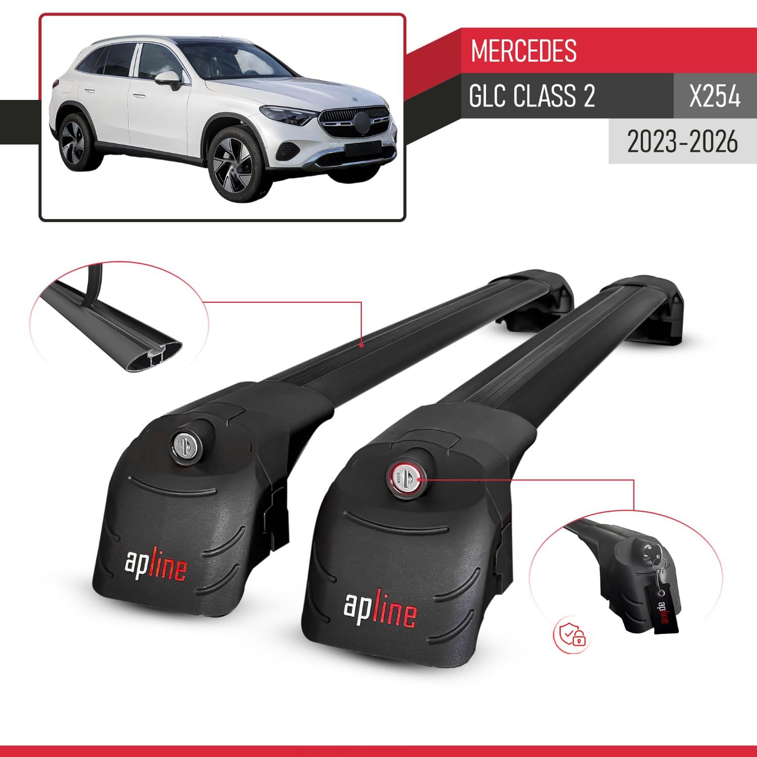 RE&AR Tuning Compatible avec Mercedes Classe GLC 2 (X254) 2023-2025 ACE-2 Barres de Toit Railing Porte-Bagages de Voiture Noir Aluminium 2 Barres