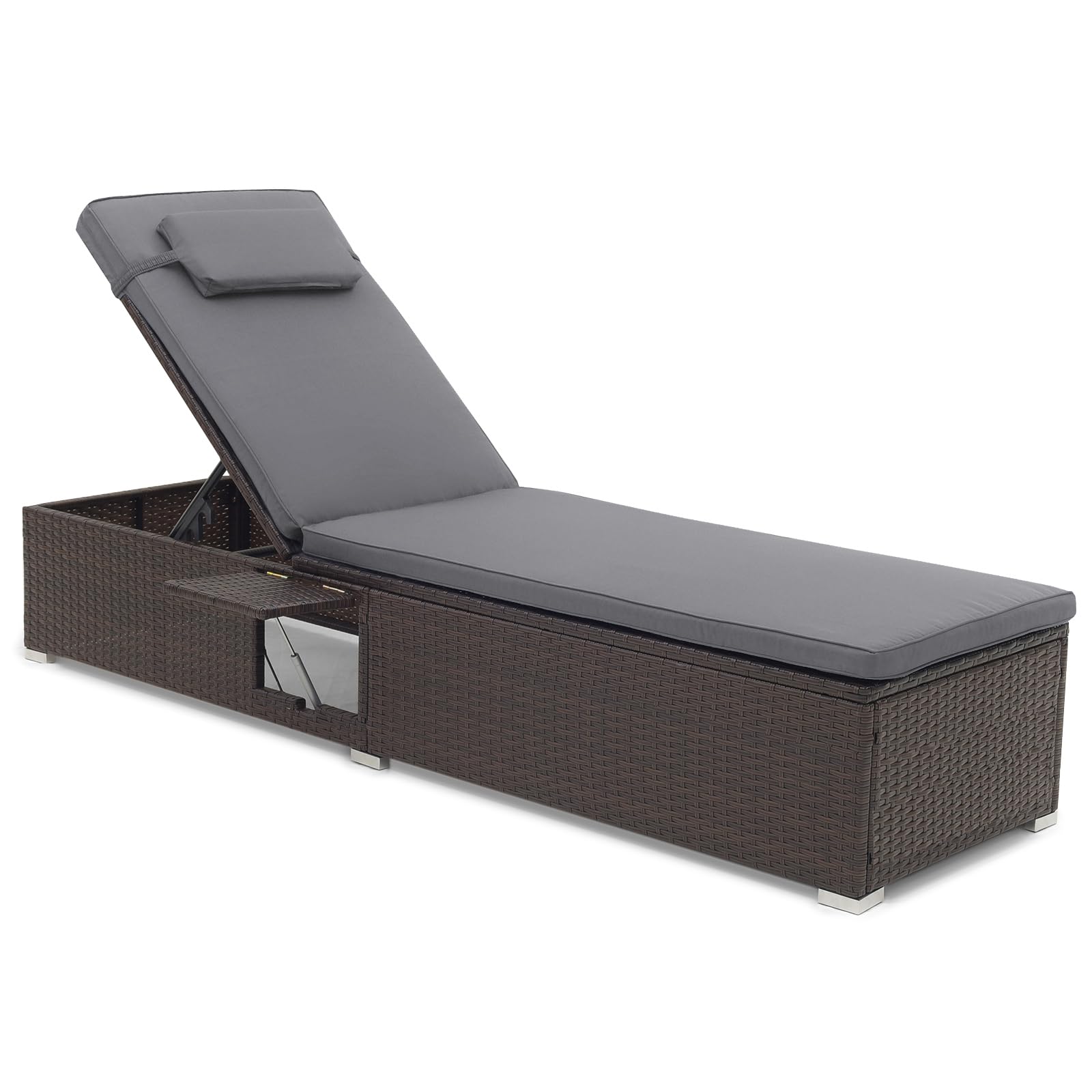 COSTWAY Rattan Sun Lounger, 6-Level Adjustable Garden Chaise Lounge Chair Deck Sunbed with Cushion, Headrest and Folding Table, Outdoor Wicker Reclining Chair for Patio Balcony Poolside (Grey)