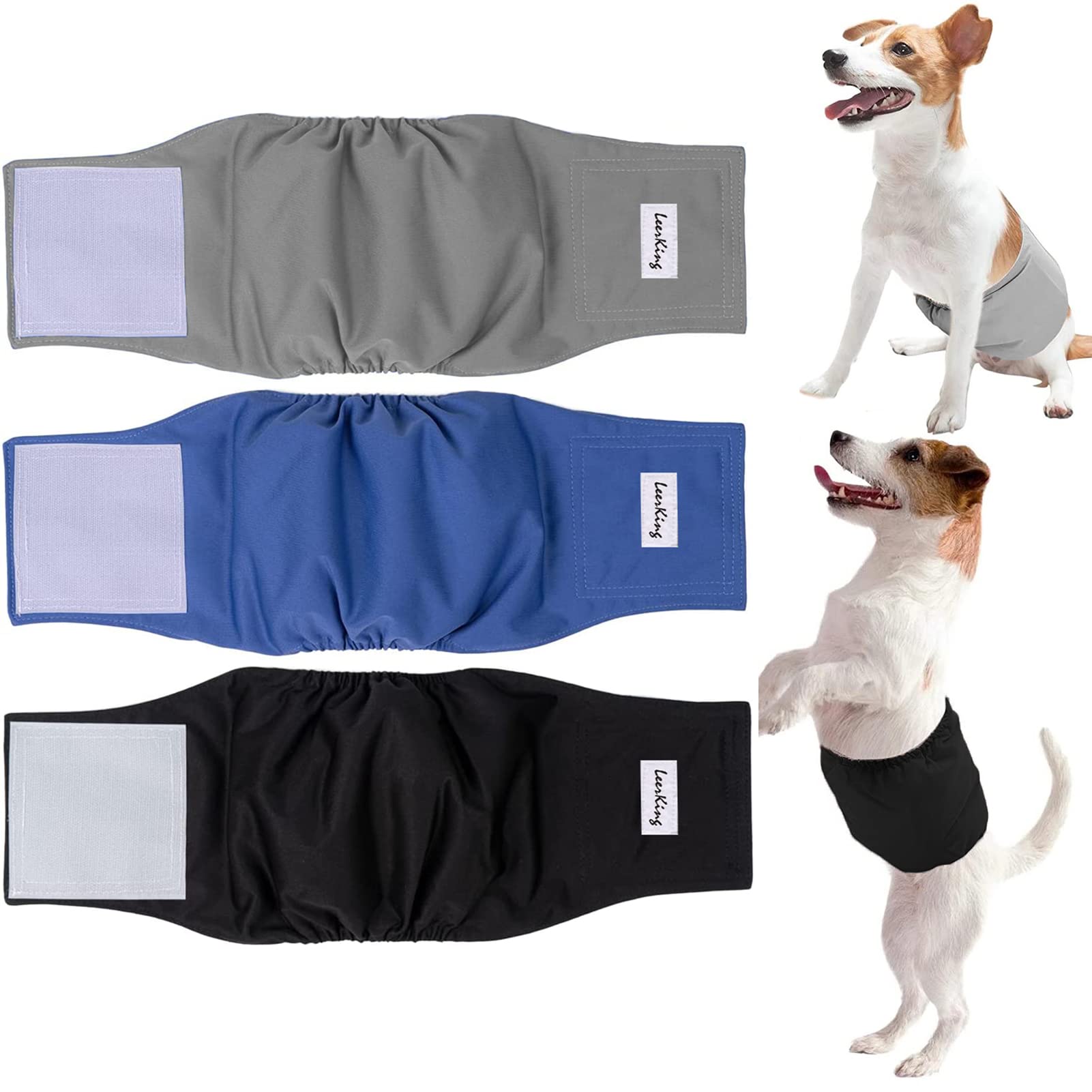 LeerKing Leakproof Dog Diapers 3 Pack Reusable Male Dog Belly Bands Nappies for Incontinence, M