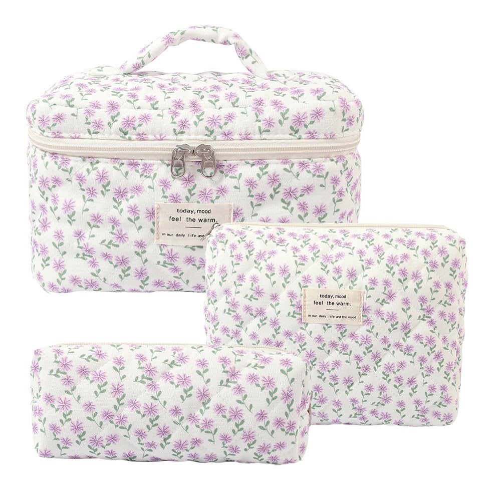 GISMTR 3Pcs Makeup Bag Cotton Quilted Travel Cosmetic Bag Cute Floral Makeup Pouch Large Toiletry Bag for Women Girls (Flowers-Pink)