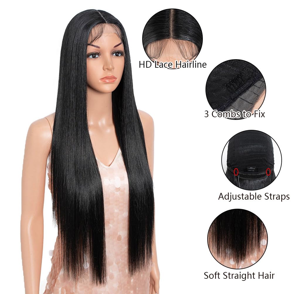 Style Icon 32-Inch Long Straight Wig Mid-Part Lace Front Silky Smooth Synthetic Black Wig
