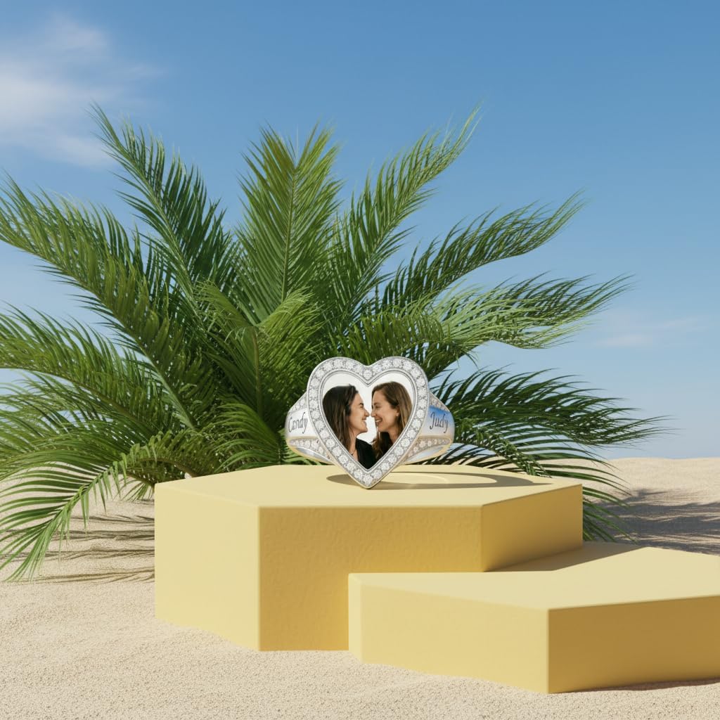 Personalized Photo Ring Sterling Silver Heart/Round Custom Photo and Name, White Zirconia-Set Artistic Ring Jewelry