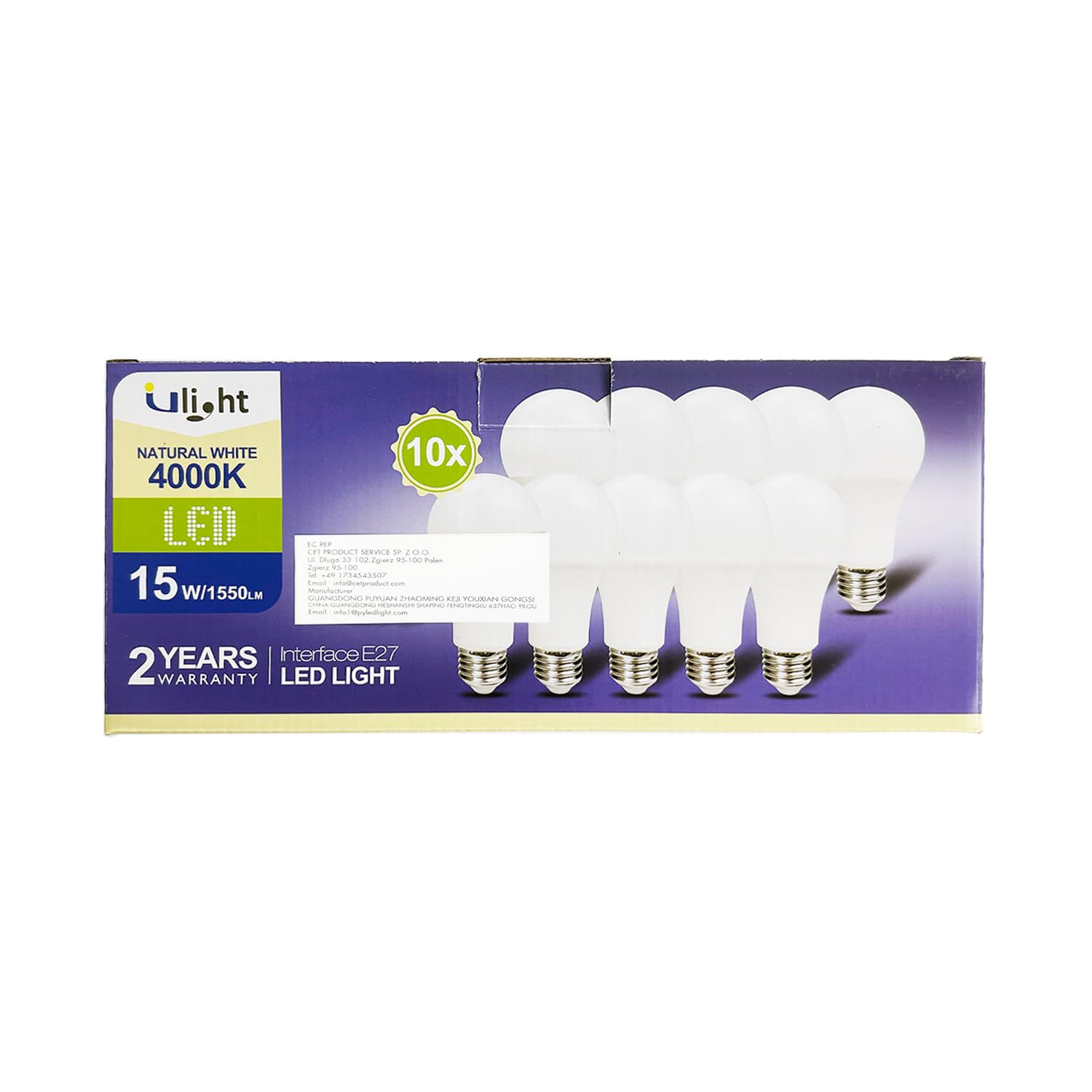 ULIGHT Lampadina LED A65 a Goccia da 15W, Equivalente Incandescente da 120W, Luce Bianca Naturale 4000K, 1550lm, Fascio Luce 170°, 220-240V Attacco E27, Confezione da 10
