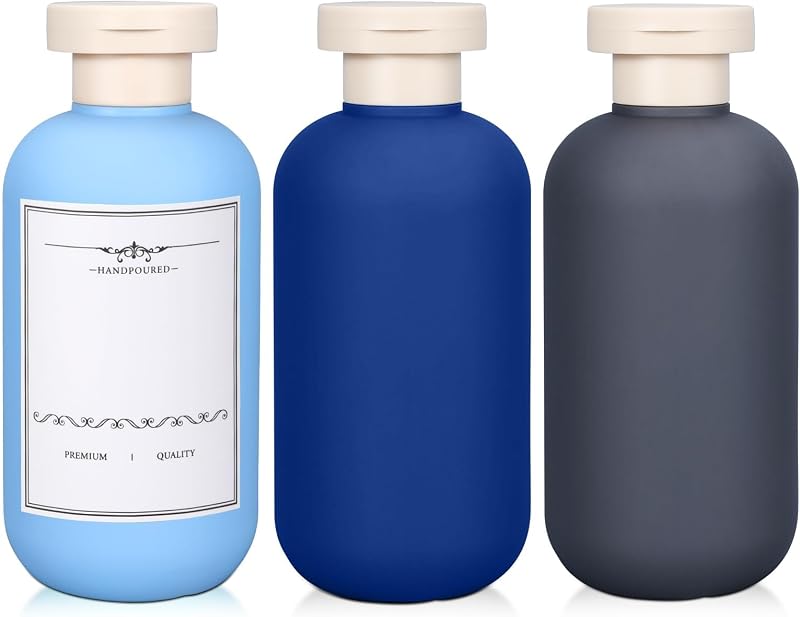 ASEVAT Frascos Plásticos Recarregáveis para Viagem com Tampa Flip, 198 mL, Azul-marinho e Cinza, Pacote com 3