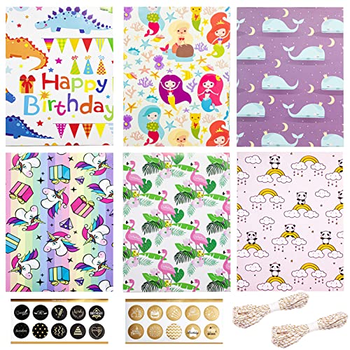 6 Piezas Papel Regalo Infantile, Papel Envolver Regalo, Papel de Regalo, Papel de Regalo Cumpleaños Rollo Grande, Papel Kraft 50 X 70 Cm, Con 20 Etiquetas y 20 Metros de Cuerda de Yute Cover