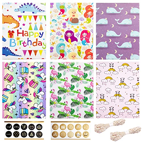 6 Pièces Papier Cadeau, Avec 20 Autocollants et 20M de Ficelle, Papier Cadeau Anniversaire, Papier Cadeau Licorne, Papier Cadeau Gros Rouleau, Papier Cadeau Coloré, Pour Anniversaires Fêtes Mariages