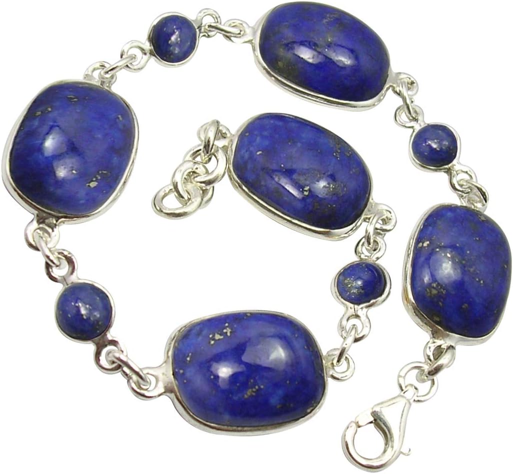 Sterling Silver Rectangle, Round Cab Lapis Lazuli Link Bracelet 8.5"