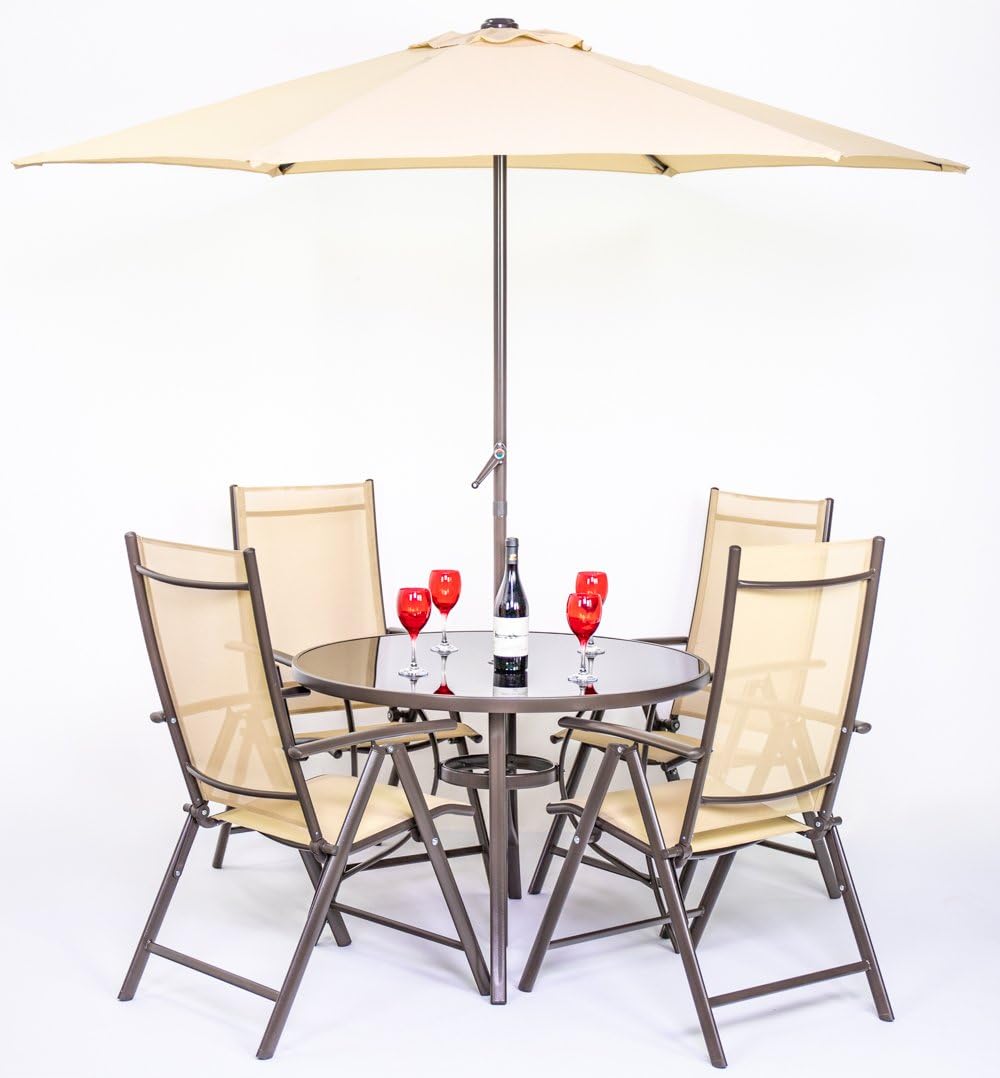 Polytex 4 Seater Metal Garden Furniture Outdoor Dining Set with Reclining Chairs and Parasol in Mocha