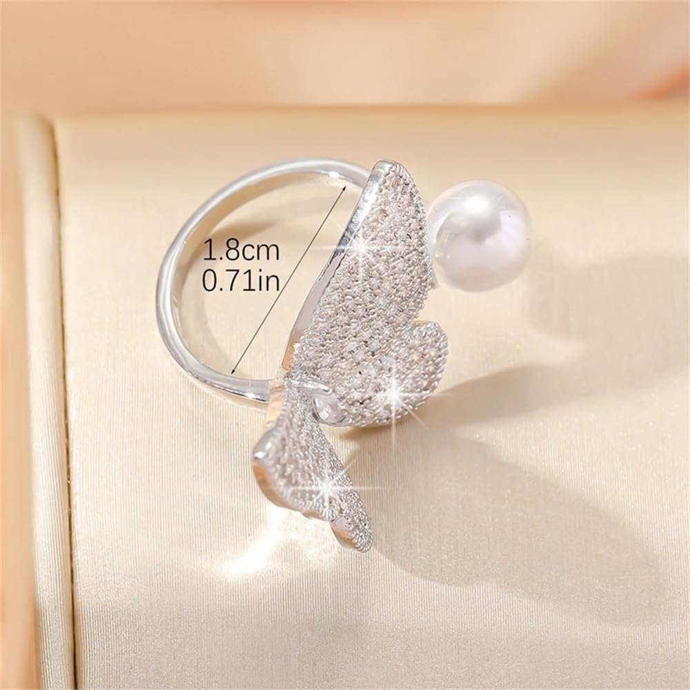 Kokoma Butterfly Pearl Open Statement Rings for Women Cubic Zirconia Butterflies Rhinestone Animal Adjustable Engagement Ring Promise Ring Eternity Band Fashion Jewelry - Image 6
