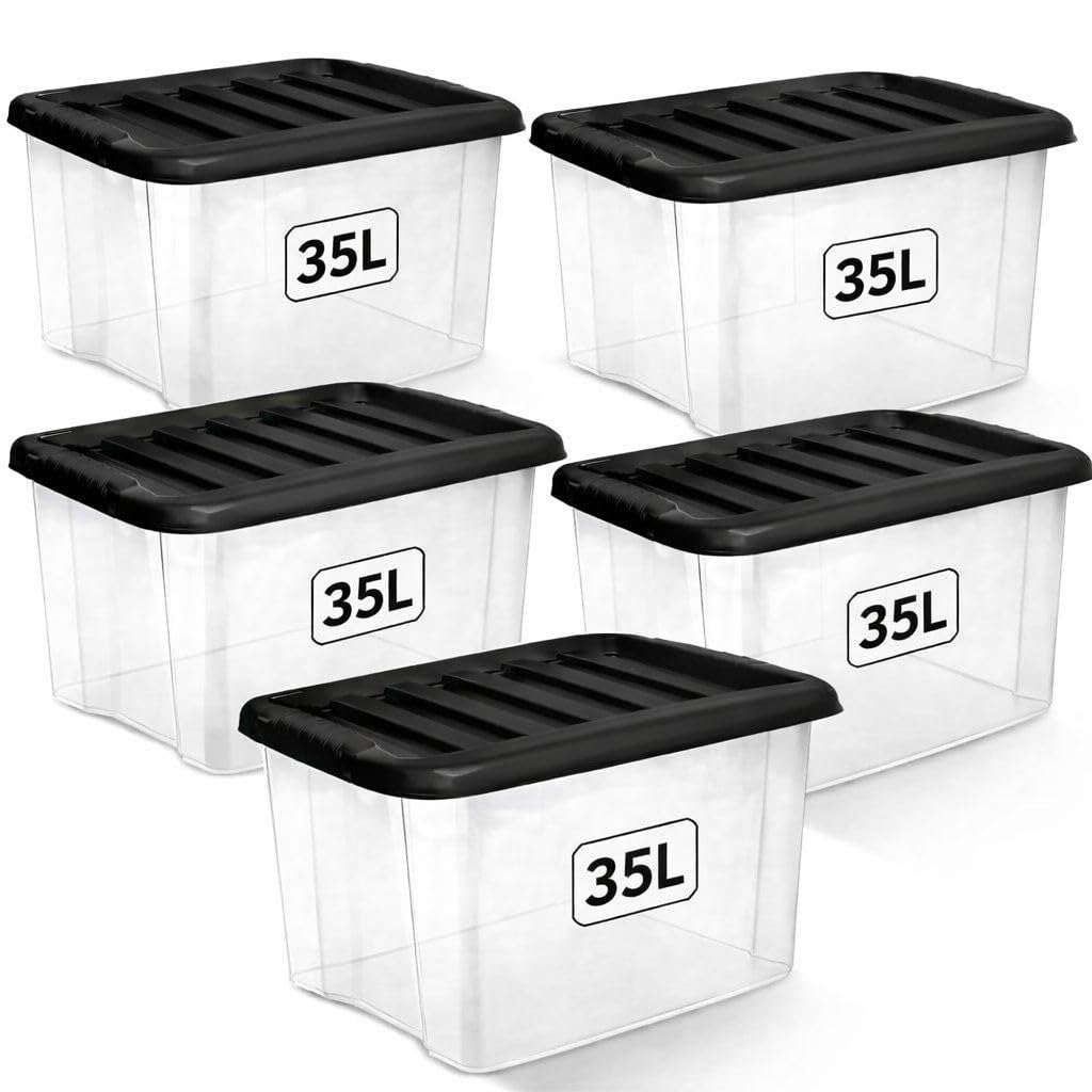 1ABOVE 5 Pack 35L Clear Plastic Storage Boxes with Black Lids – Strong BPA-Free Stackable & Nestable Storage Containers for Home, Office, Kitchen & Garage