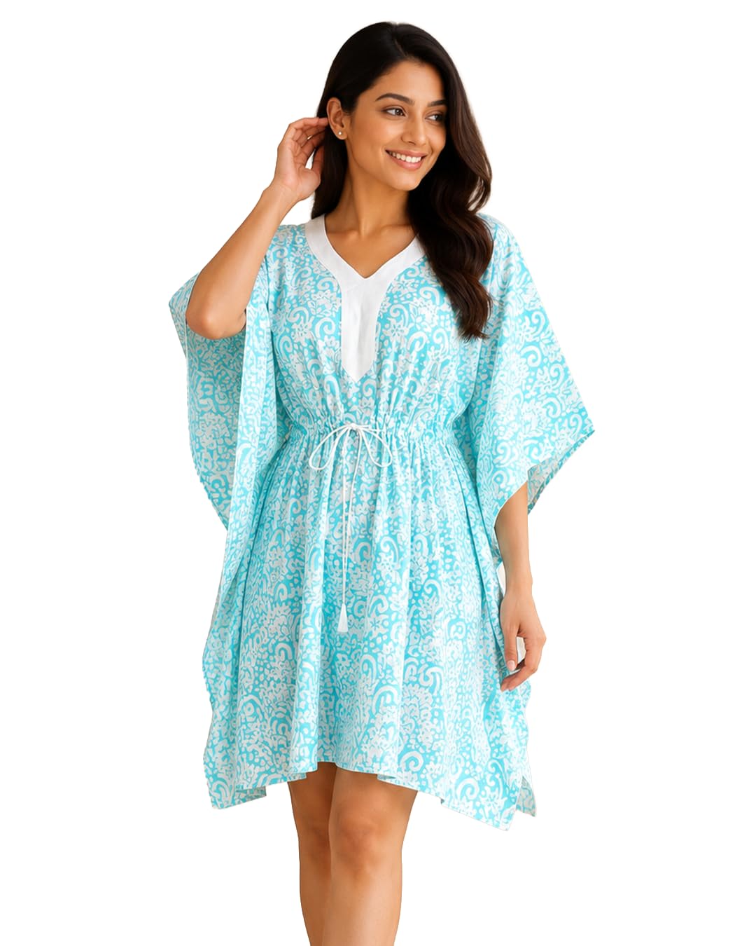 Aqua Blossom Cotton Kaftan Top for Women | Relaxed Fit Drawstring Tunic | Lightweight Floral Printed Cotton Lounge & Resort Wear by Yukti-image-30