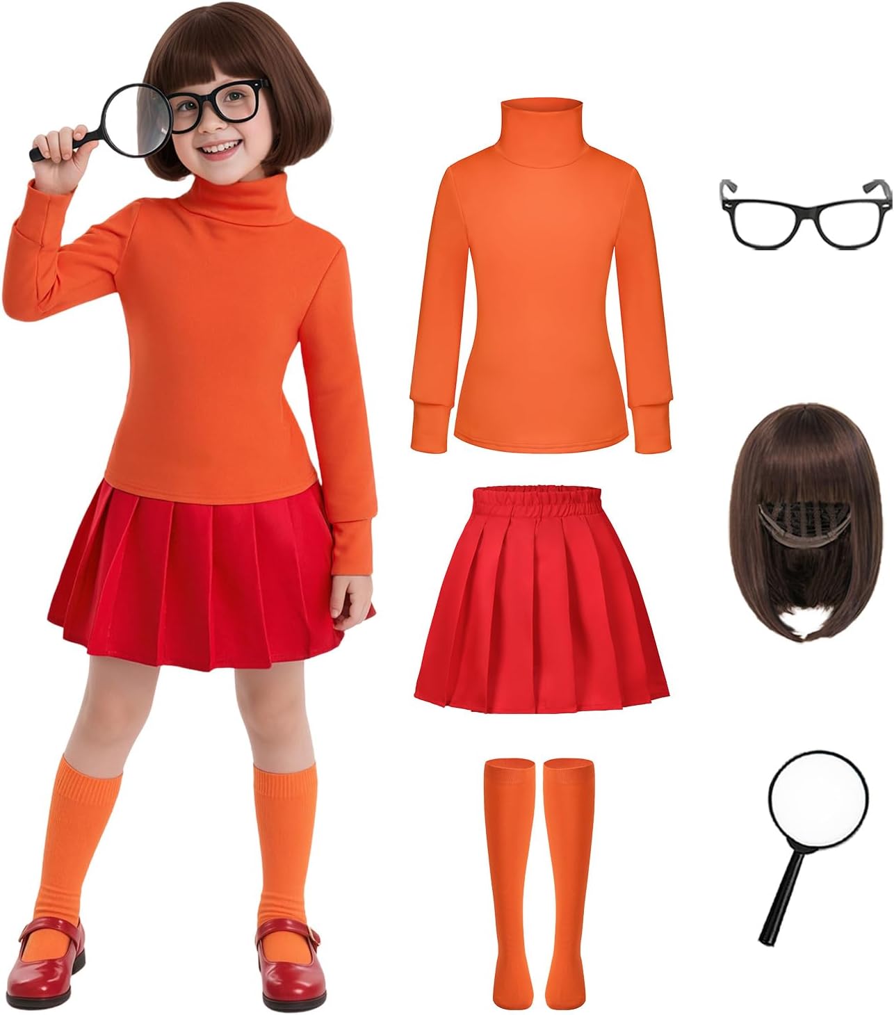Deluxe Velma Costume Kids Halloween Costume Girls Red Skirt Cosplay with Accessories Wig Glasses Magnifier Socks Orange X-Large