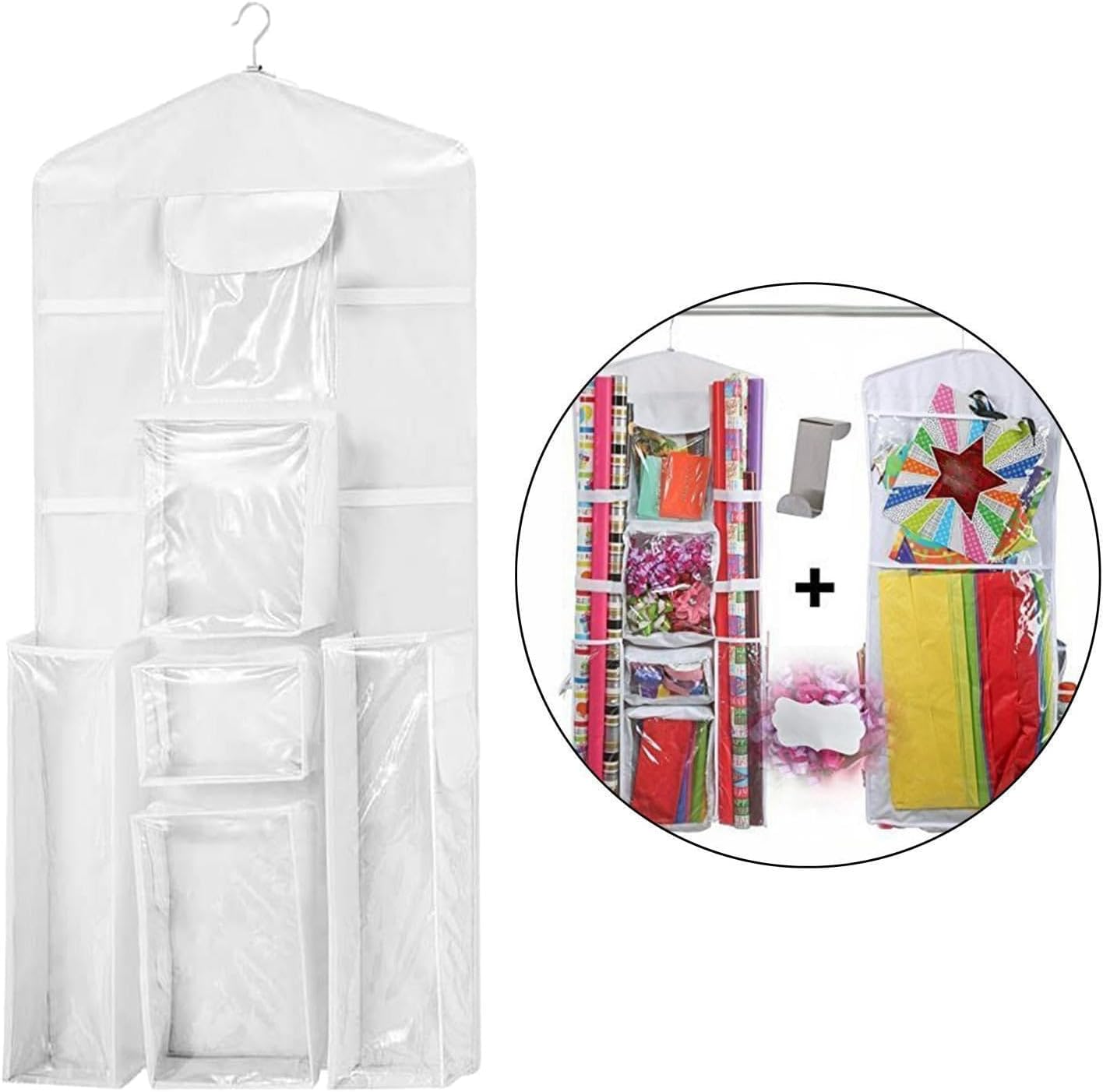 Double Sided Hanging Gift Wrap Organizer,Large 17" X 40" Wrapping Paper Rolls Storage Bag,Space Saving Closet Storage Bag Organization White