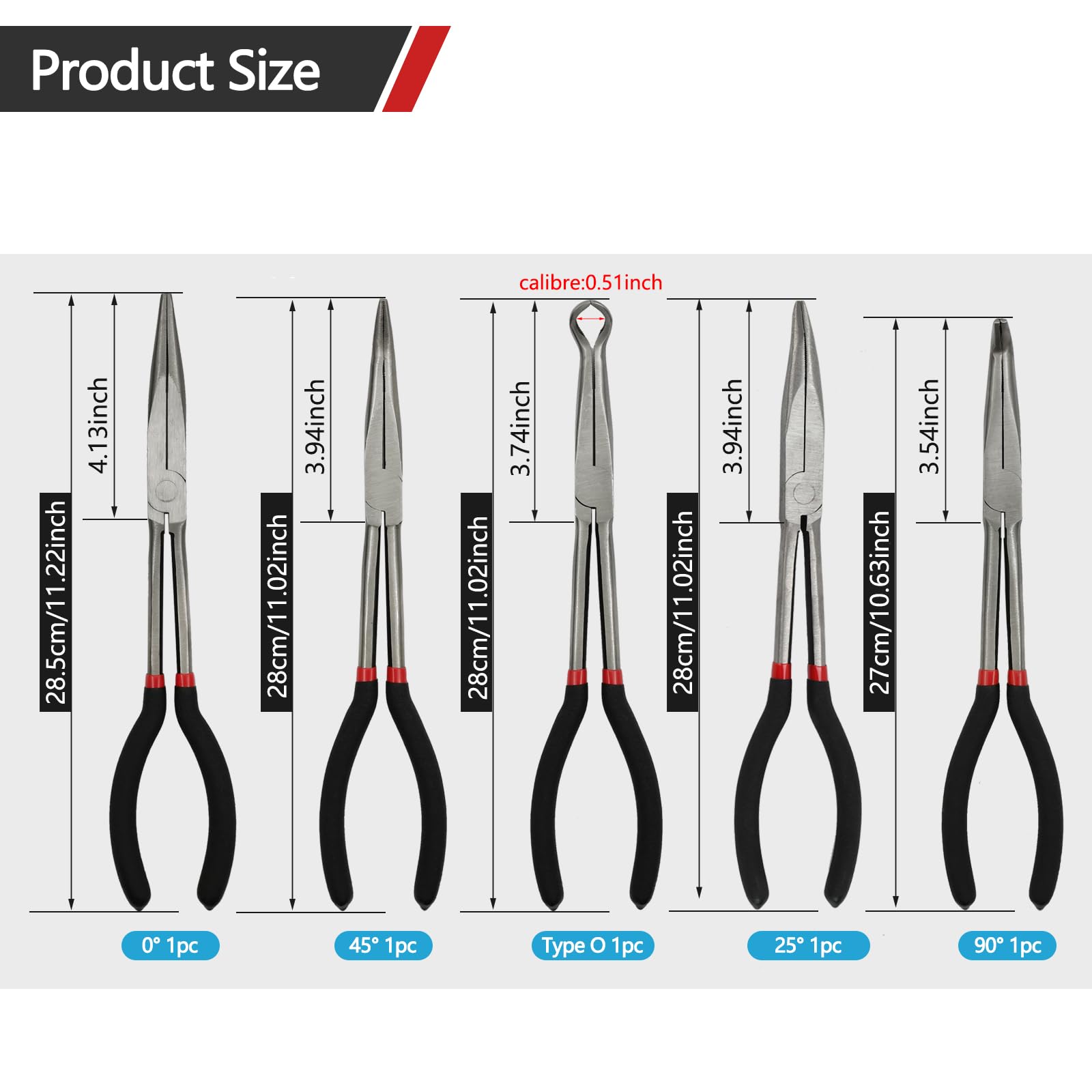 Set di 5 pinze di precisione a becco lungo da 28 cm, con manici isolati e confortevoli, pinze dritte a becco lungo, con angolo di 25/45/90 gradi, per piegatura, sagomatura, creazione di gioielli