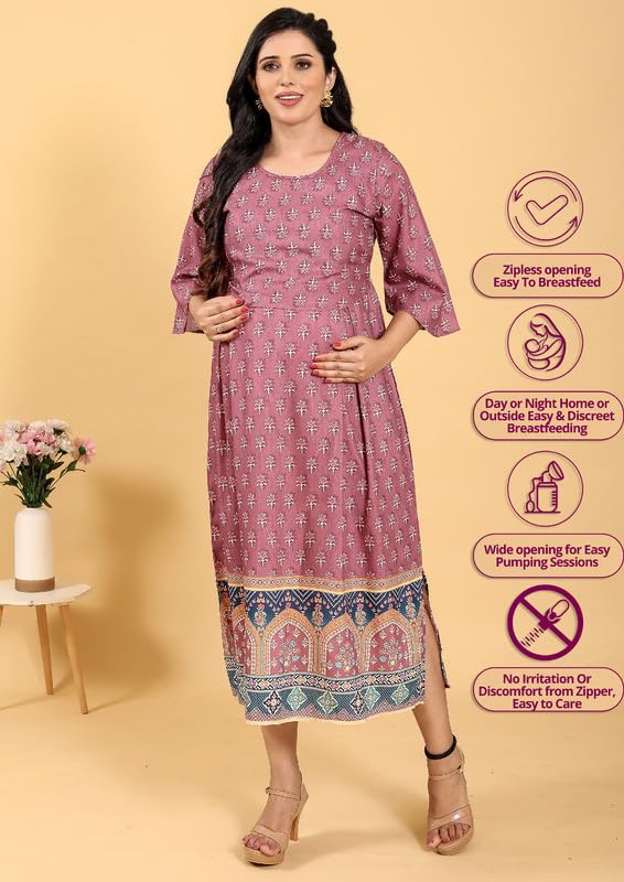Image of RITIJYA Zipless Feeding Kurtis & Dresses for Women | Zipless Maternity Wear Gown Pregnancy Dress for Nursing Mothers | Viscose Rayon | Stylish & Comfortable | S to 4XL | Washable & Durable