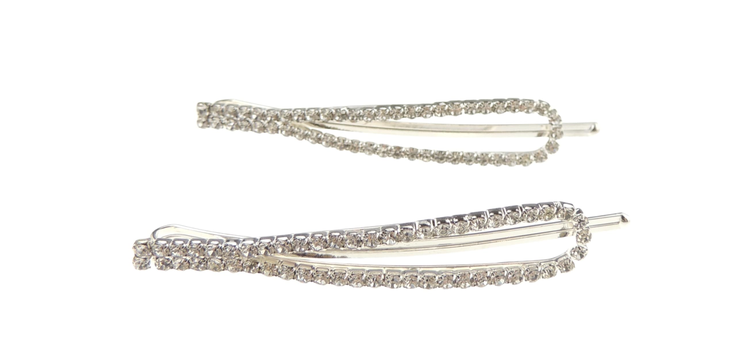 Ladies Pair of 2 Sparkly Crystal Oval Hair Grip Clip (Silver Tone Clear), 2 count (Pack of 1)