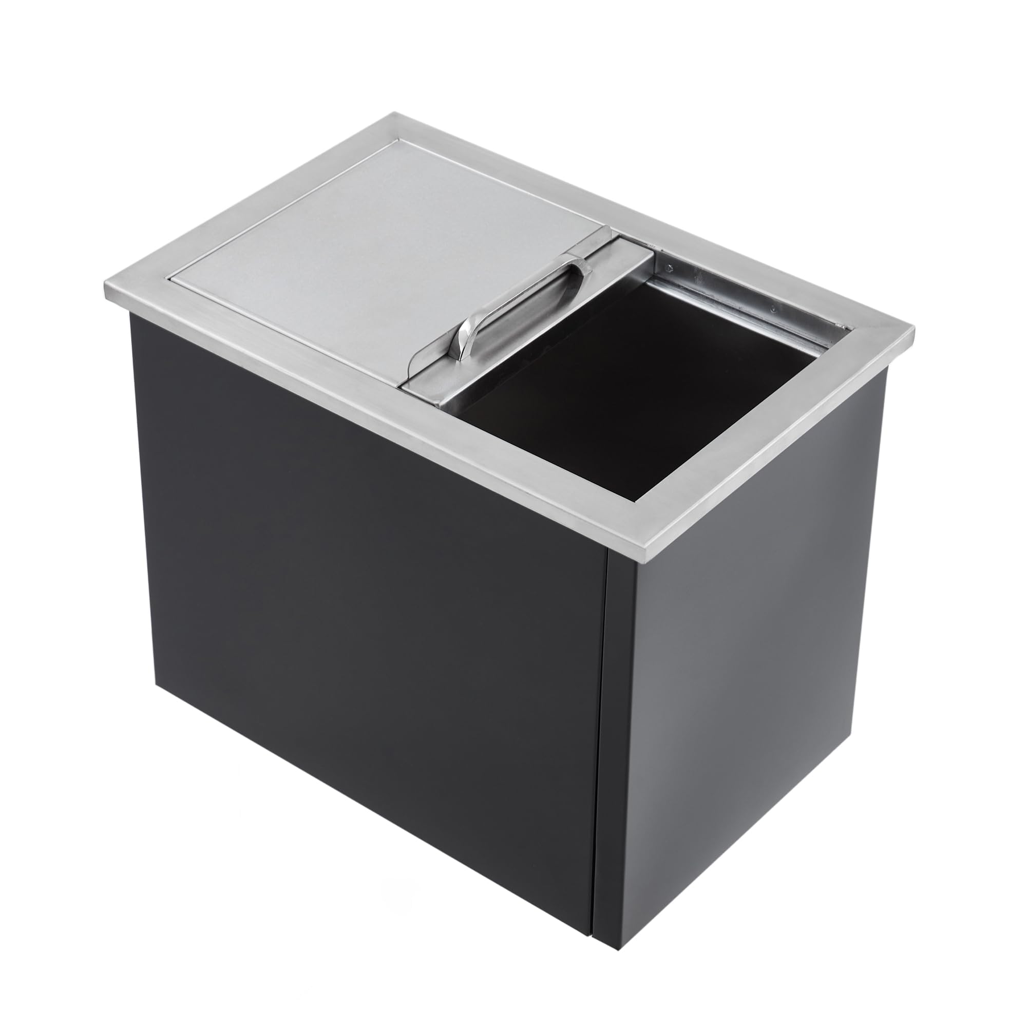 GarveeTech Großer Edelstahl-Eisbehälter für Outdoor Küche – Isolierte Drop-In Kühlbox mit Schiebeabdeckung & Ablauf, für BBQ, Bar & Garten – 27×18×21 Zoll, Schwarz/Silber, Schiebedeckel