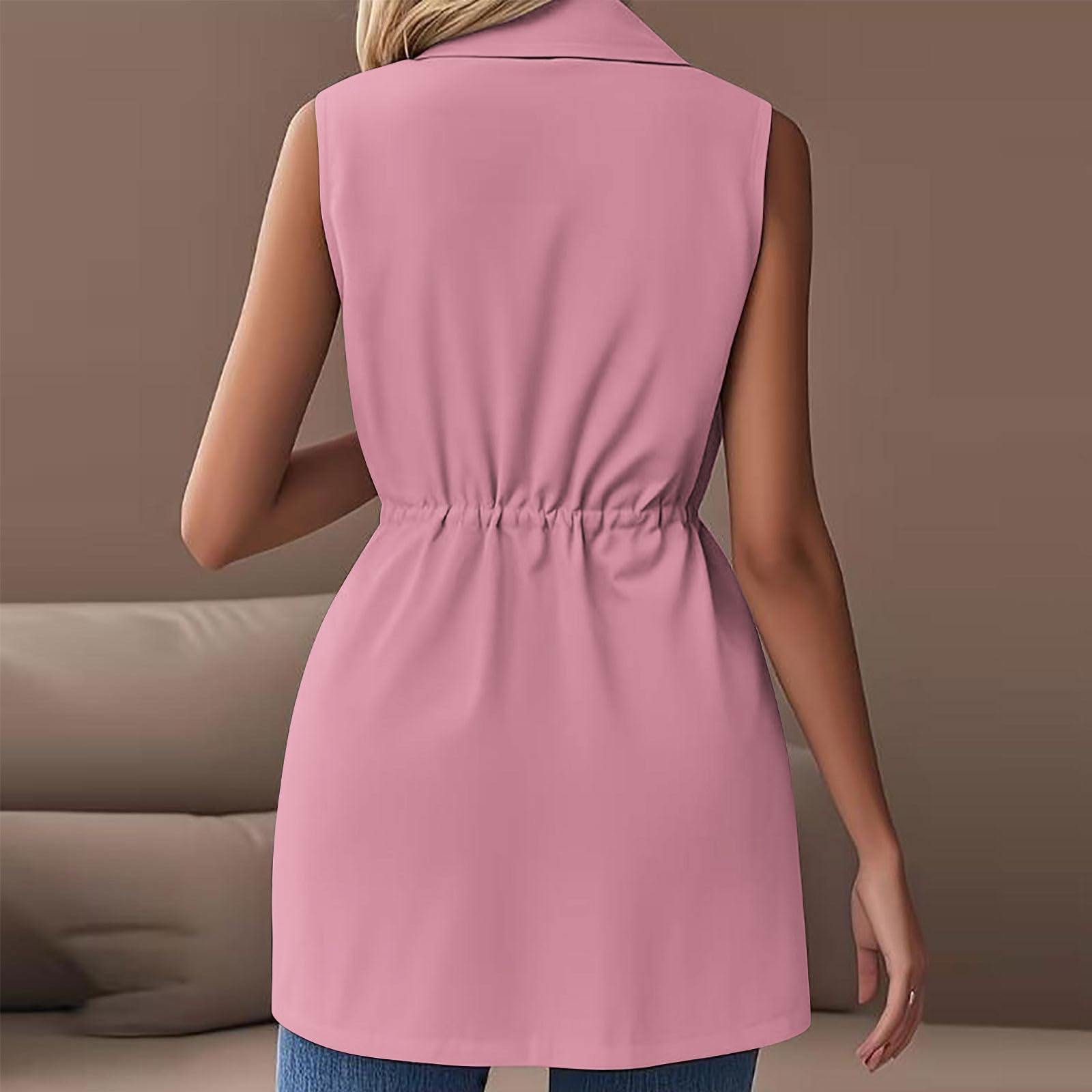 Blazer Damen Ärmellos Weste Revers Offene Vorderseite Jacke mit Tasche | Elegant Einfarbig Kurze Ärmelloser Blazer Revers mit Knöpfen Taschen