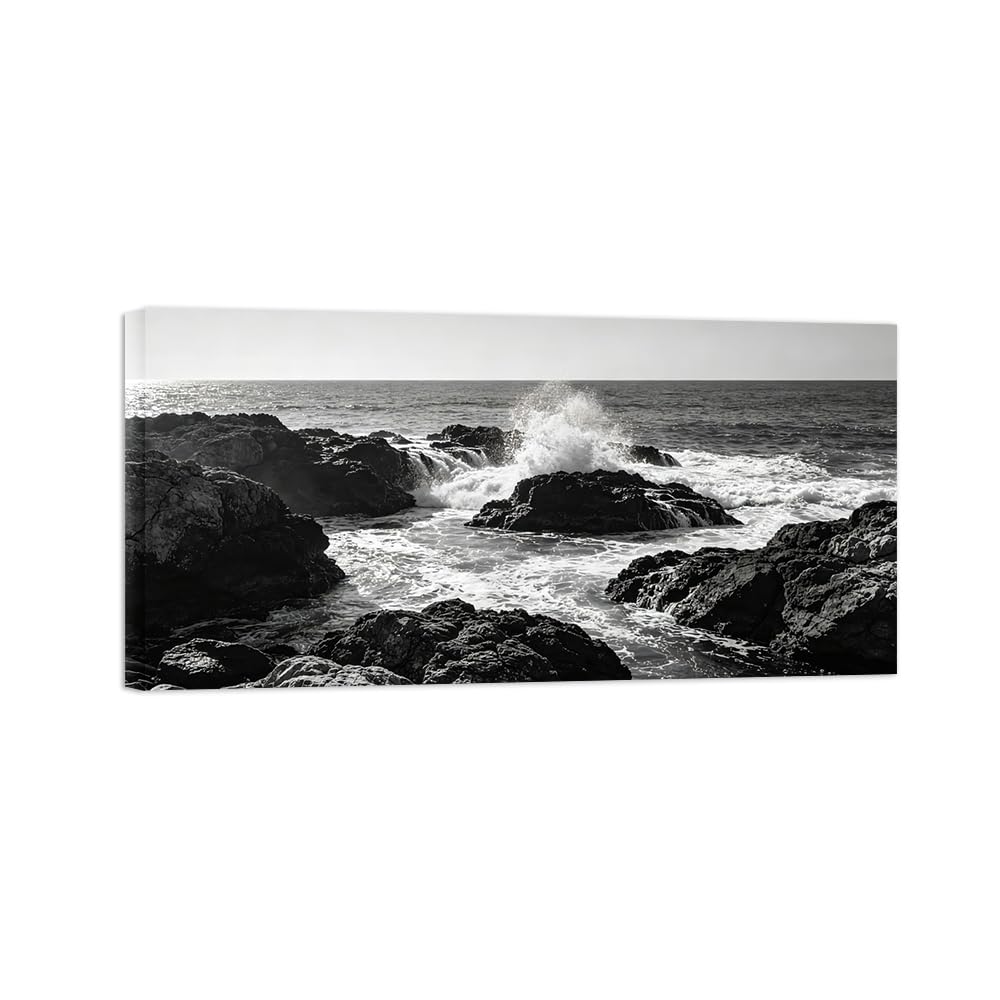 OZPWBVY Black White Landscape Wall Art. Sea Rocks. Picture 20x40cm Unframed