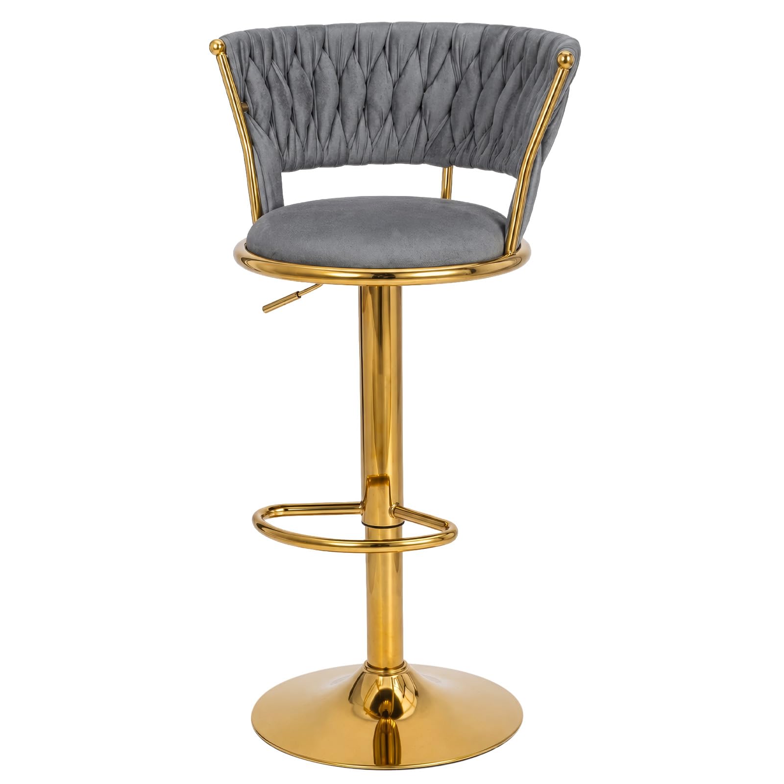 Adjustable Swivel Bar Stool, Modern Velvet Counter Height Bar Chair with Backrest and Footrest, Gold Frame, Perfect for Home Bar, Kitchen Island, Dining, and Commercial Bars, Grey