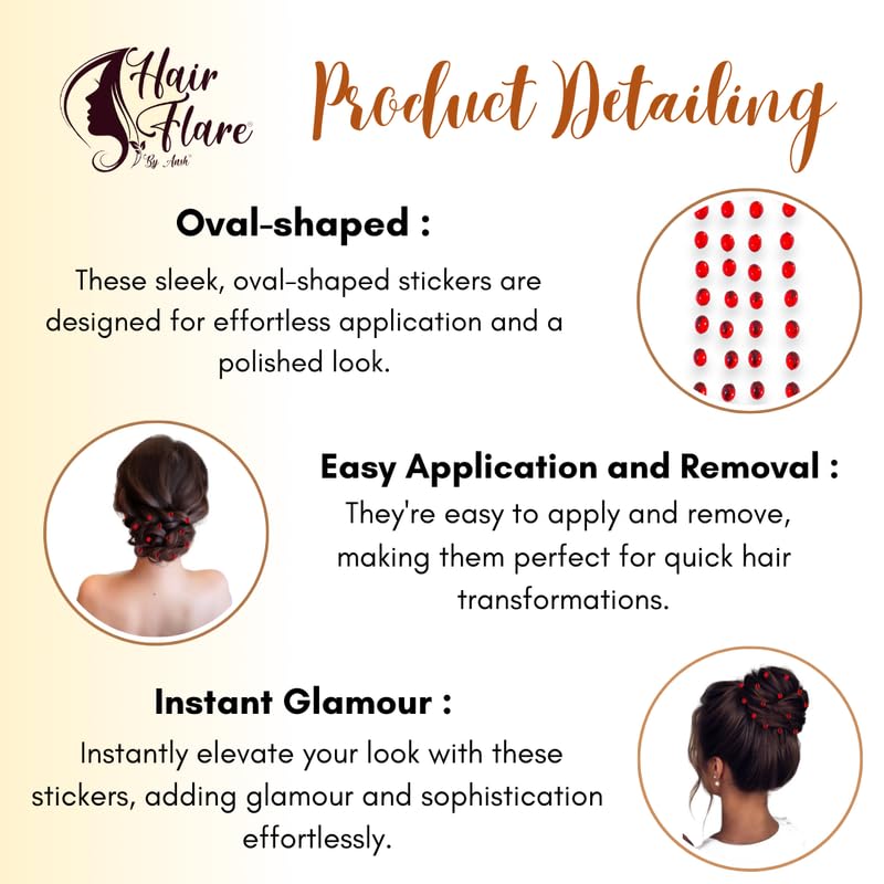 Image of Hair Flare Shimmering Oval Hair Stickers: Easy Stick-On Hair Accessories, 36 Pieces per Pack 2869 Red