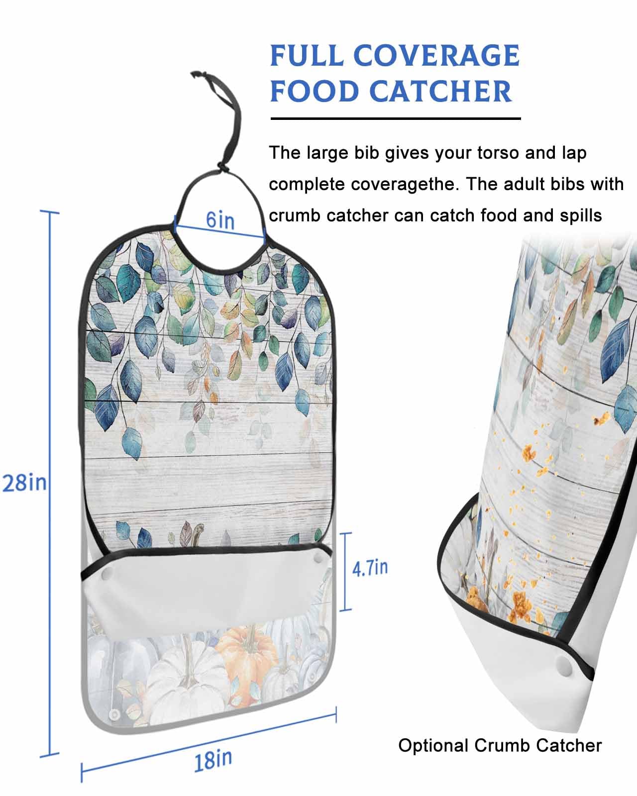 LEOKOTI Blue Fall Adult Bibs for Eating, Waterproof Bibs with Food Catcher & Adjustable Snap Closure, Thanksgiving Pumpkins Maple Leaf Vintage Washable Clothing Protectors Adult Bibs for Elderly