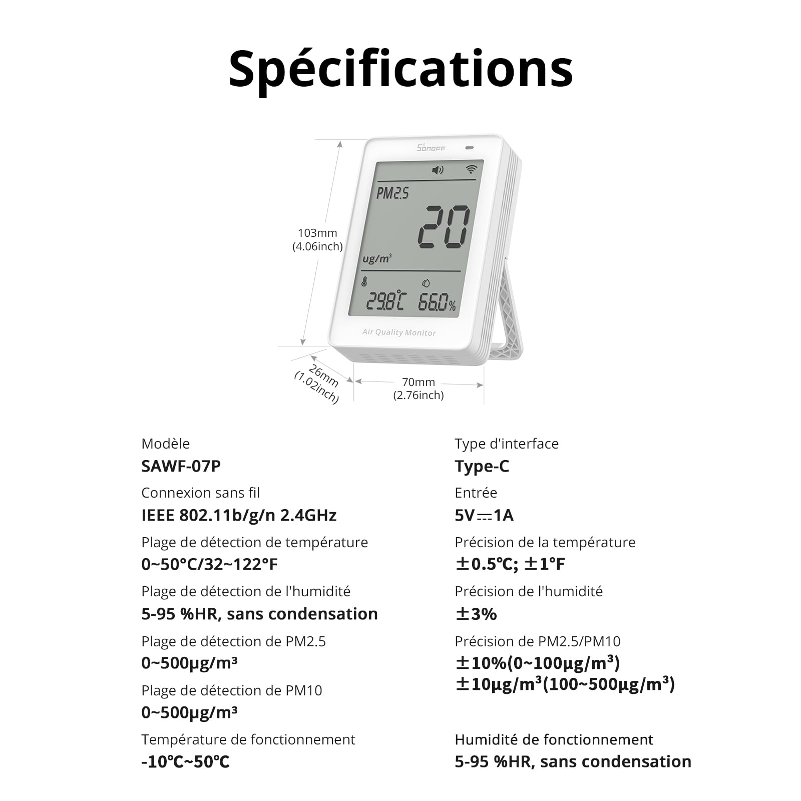 SONOFF Moniteur intelligent de qualité de l'air, PM2.5, détecteur PM10, temp/humidité, affichage en temps réel et alarme