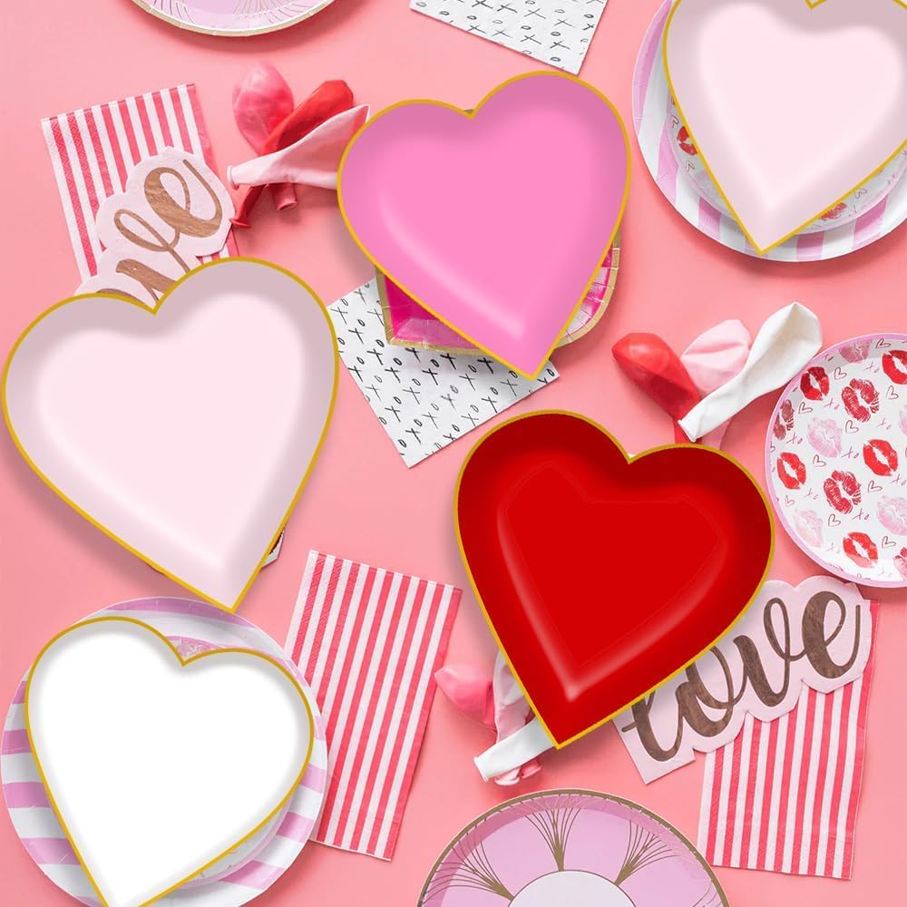 Bdecoll Papieren borden voor Valentijnsdag, hartvormige wegwerpborden, rood roze hart, decoratief servies voor Valentijnsdag, jubileum, verjaardag, bruiloft, feestaccessoires, 48 stuks