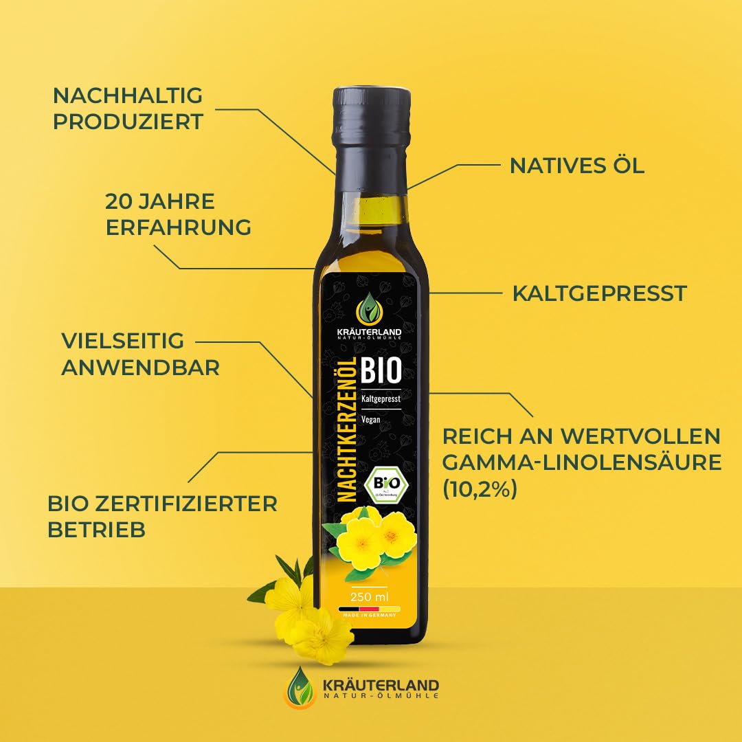 Kräuterland Bio Nachtkerzenöl 4X250ml (1L), kaltgepresstes Speiseöl | mit natürlicher Linolsäure und Gamma-Linolensäure aus reinen Nachtkerzensamen, milder Geschmack, Gluten- & GVO-frei im Glas