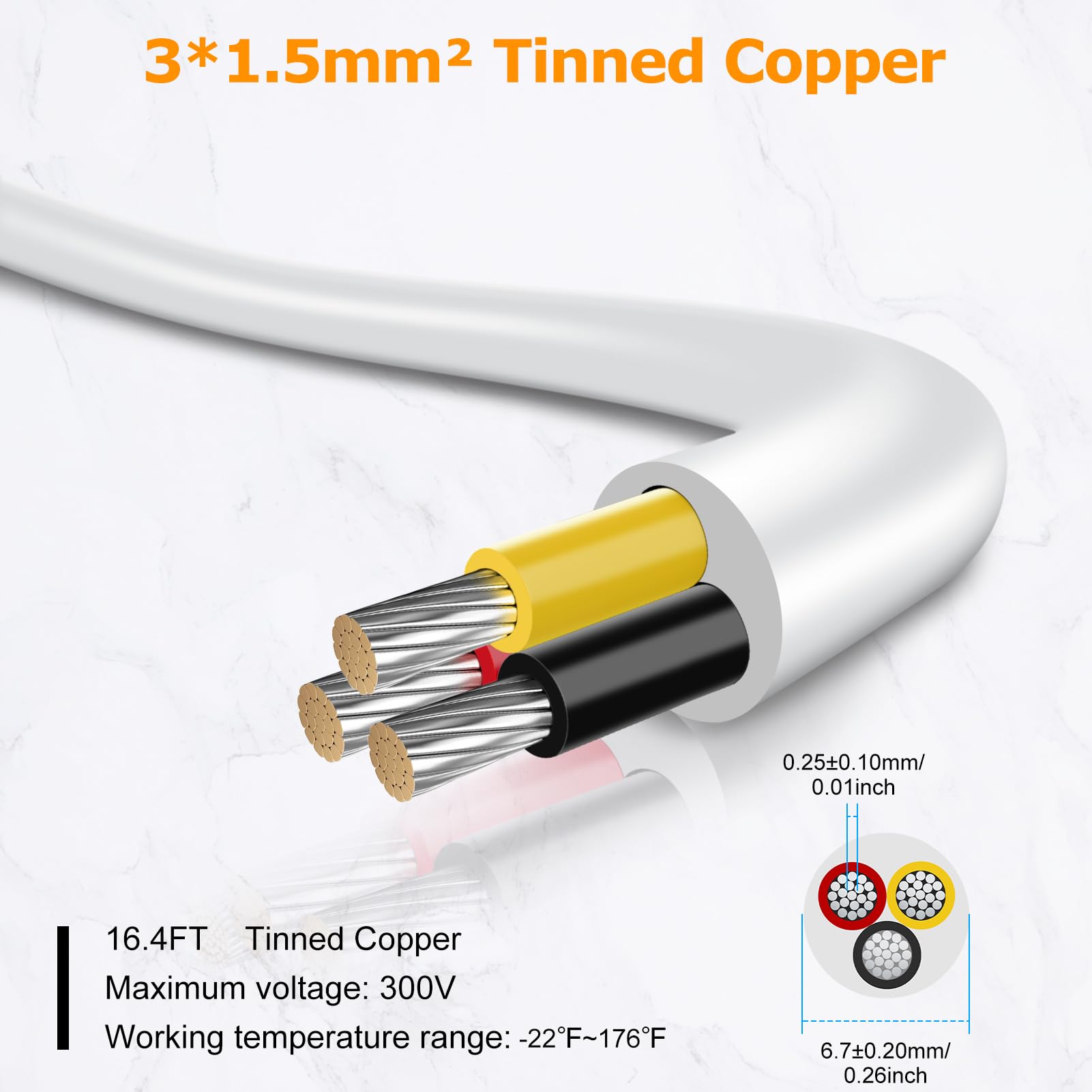 inShareplus 16AWG 3x1.5mm² 5 Meter Electrical Wire 2 Core Cable, 5V/12V/24V White Tinned Copper Wires - Image 2